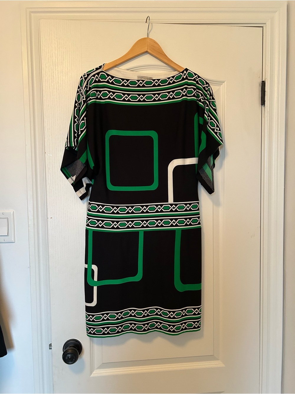 Sandra Darren Black Dress with Green & White Geometric Print